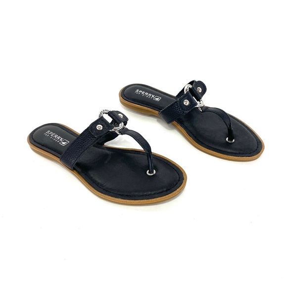 SPERRY Black Leather Logo Flip Flops - Picture 3 of 12